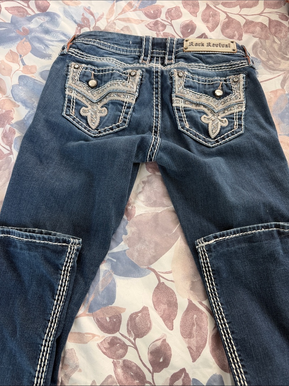 Rock Revival Women's Dark Blue Embroidered Pocket Bootcut Jeans